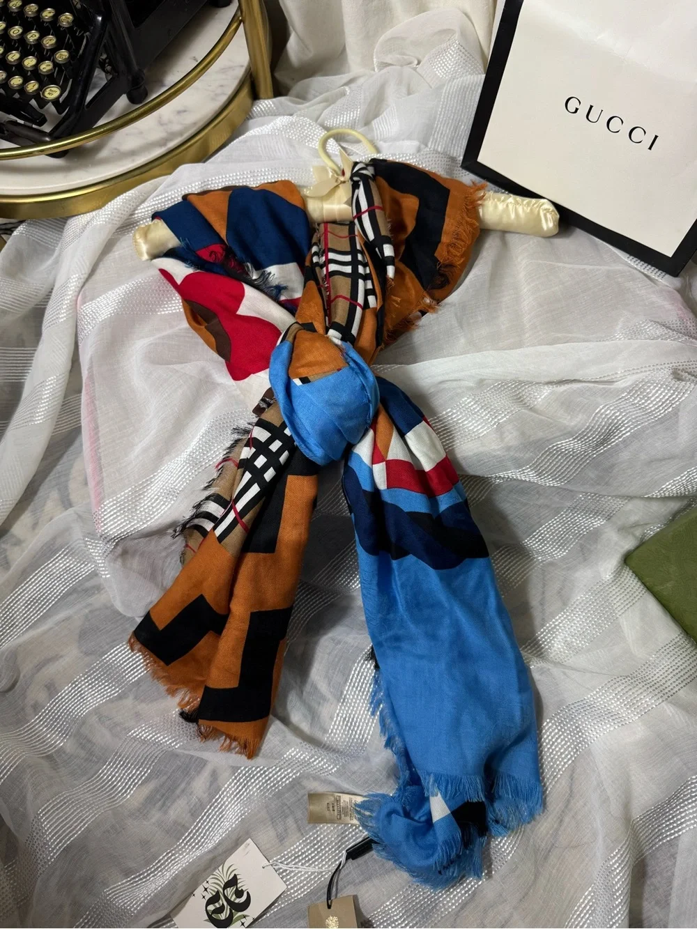 Vintage Y2K Burberry Patterned Scarf Blue Brown Red Orange Checkered